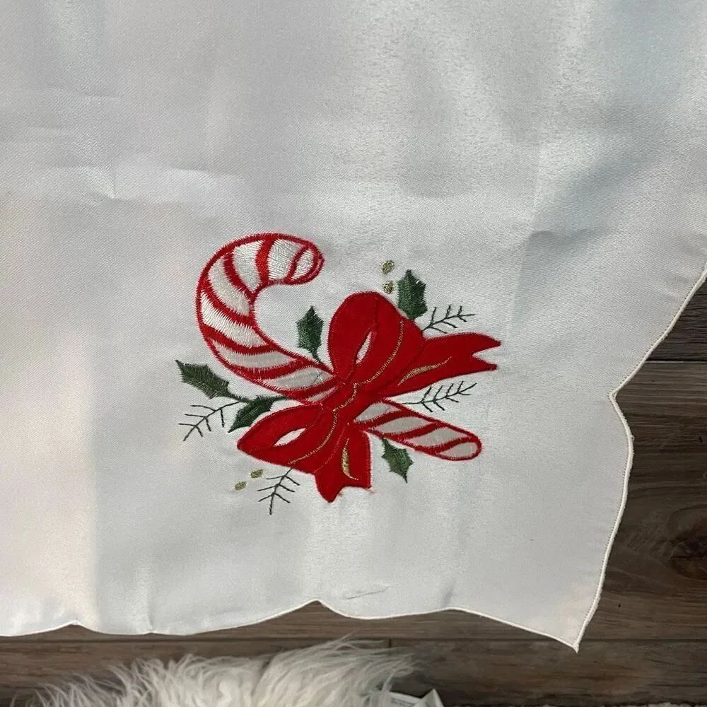 Vintage Christmas Satin Like Tablecover Candy Canes Bows Holly Home Decor 34x34